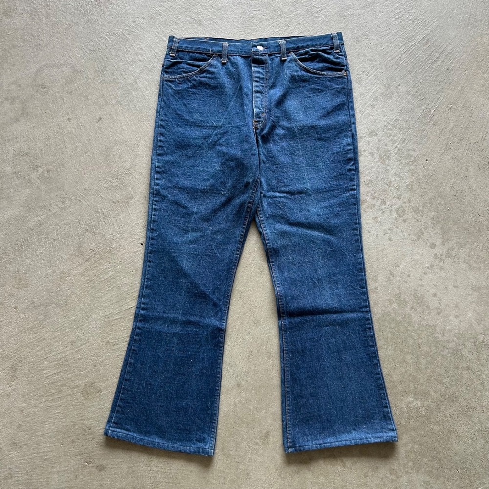 Vintage 60s Plain Pockets Flare Jeans Size 37x30 Blue Medium Wash Denim Wide Leg